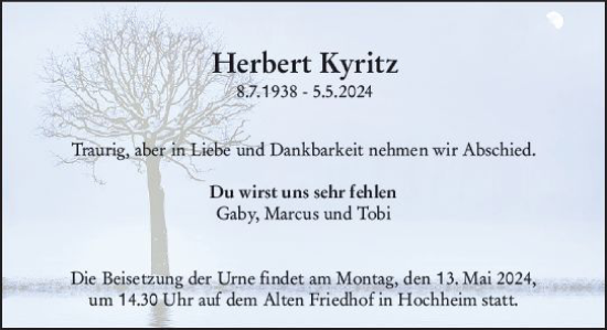 Traueranzeige von Herbert Kyritz von Hochheimer Zeitung