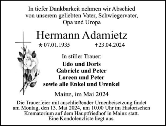 Traueranzeige von Hermann Adamietz von Allgemeine Zeitung Mainz