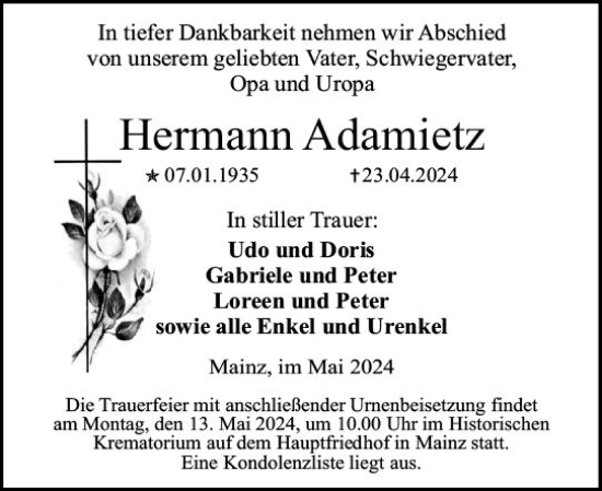 Traueranzeige von Hermann Adamietz von Allgemeine Zeitung Mainz