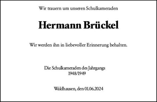 Traueranzeige von Hermann Brückel von Weilburger Tageblatt