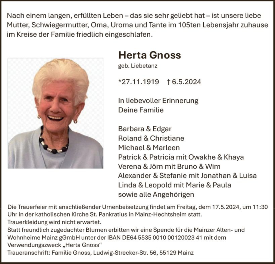 Traueranzeige von Herta Gnoss von Allgemeine Zeitung Mainz