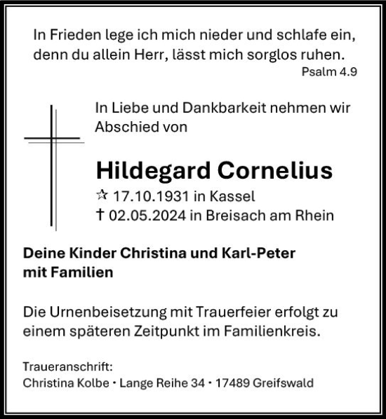 Traueranzeige von Hildegard Cornelius von Rheingau-Taunus-Kreis Wochenblatt