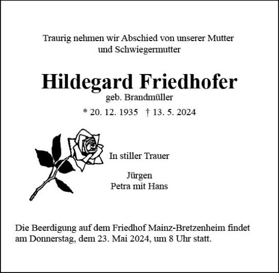 Traueranzeige von Hildegard Friedhofer von Allgemeine Zeitung Mainz