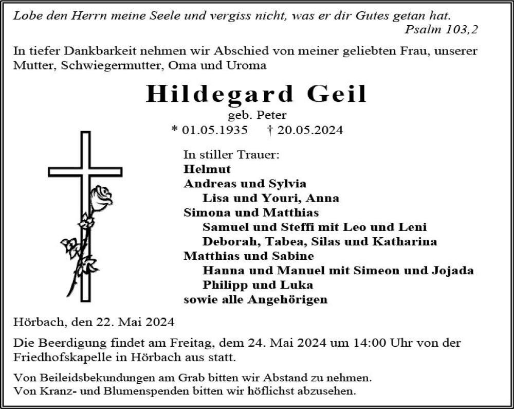  Traueranzeige für Hildegard Geil vom 22.05.2024 aus Dill Block