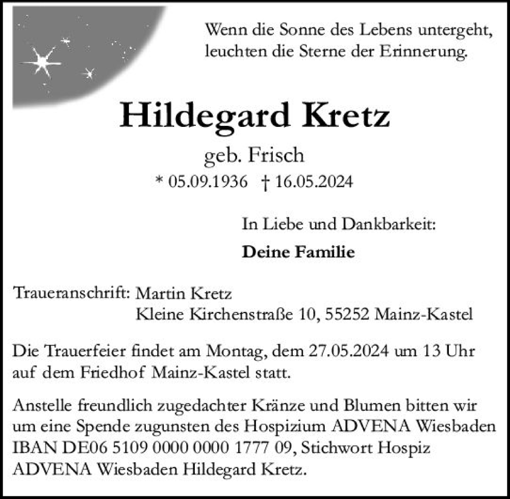  Traueranzeige für Hildegard Kretz vom 25.05.2024 aus Allgemeine Zeitung Mainz