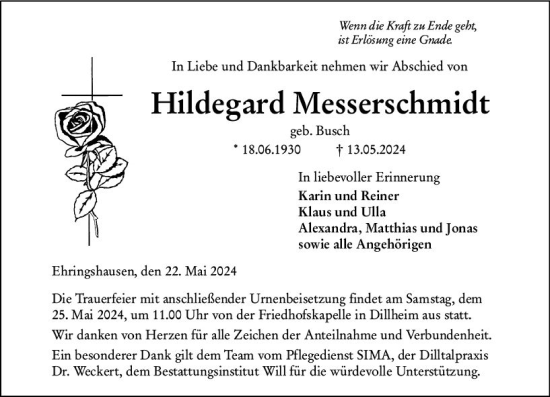 Traueranzeige von Hildegard Messerschmidt von Wetzlarer Neue Zeitung