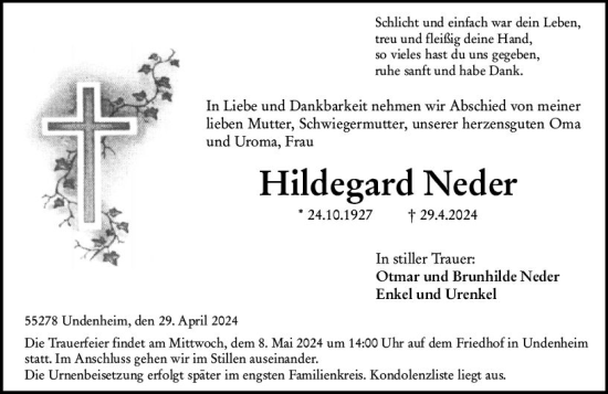 Traueranzeige von Hildegard Neder von Allgemeine Zeitung Mainz