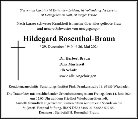 Traueranzeige von Hildegard Rosenthal-Braun von Wiesbadener Kurier
