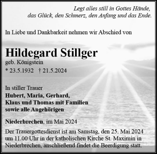 Traueranzeige von Hildegard Stillger von Nassauische Neue Presse
