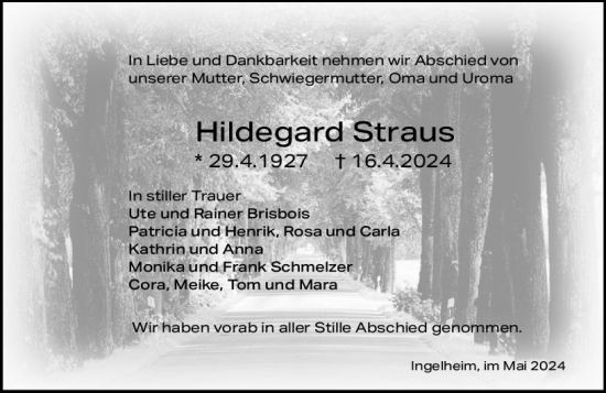 Traueranzeige von Hildegard Straus von Allgemeine Zeitung Bingen/Ingelheim