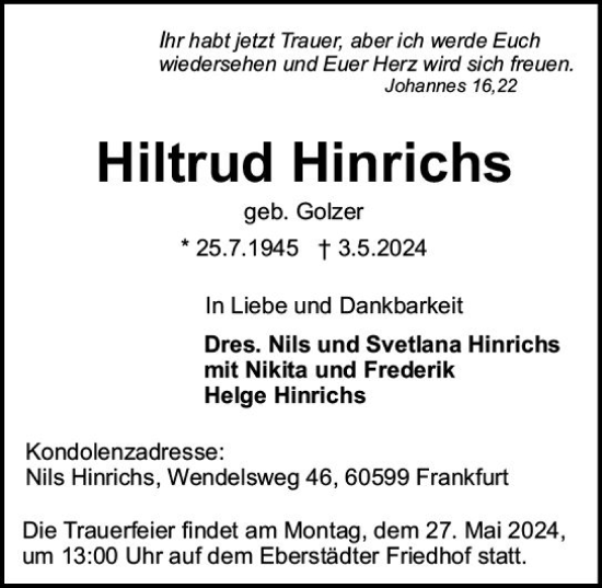 Traueranzeige von Hiltrud Hinrichs von Darmstädter Echo
