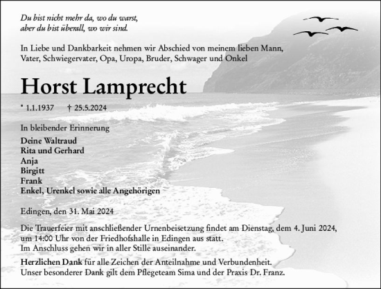 Traueranzeige von Horst Lamprecht von Wetzlarer Neue Zeitung