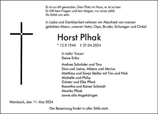 Traueranzeige von Horst Plhak von Weilburger Tageblatt