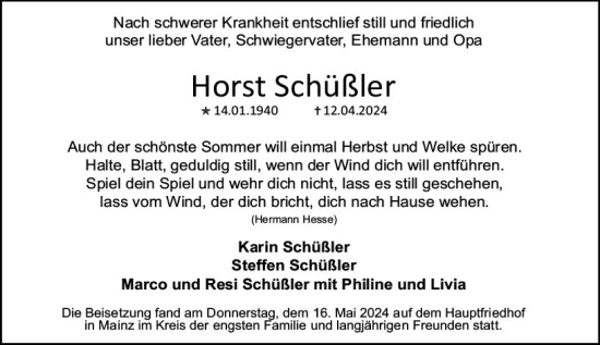 Traueranzeige von Horst Schüßler von Allgemeine Zeitung Mainz