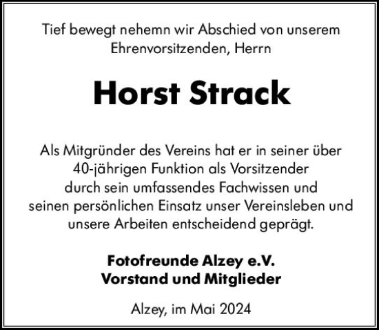 Traueranzeige von Horst Strack von Allgemeine Zeitung Alzey