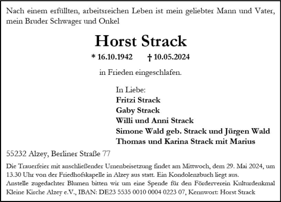Traueranzeige von Horst Strack von Allgemeine Zeitung Alzey