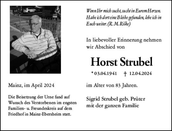 Traueranzeige von Horst Strubel von Allgemeine Zeitung Mainz