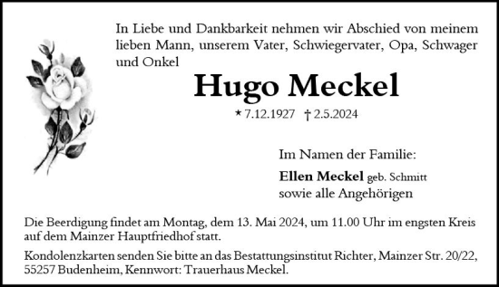 Traueranzeige von Hugo Meckel von Allgemeine Zeitung Mainz