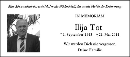 Traueranzeige von Ilija Tot von Allgemeine Zeitung Mainz