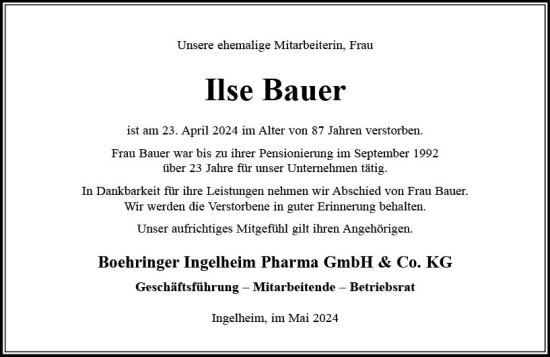 Traueranzeige von Ilse Bauer von Allgemeine Zeitung Bingen/Ingelheim