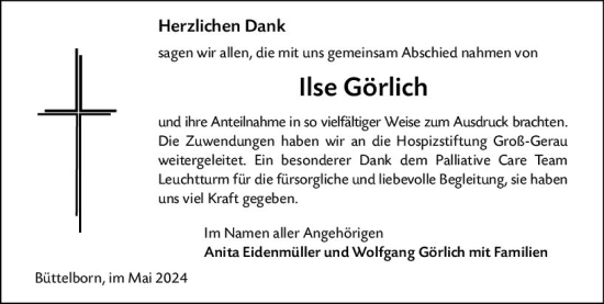 Traueranzeige von Ilse Görlich von Groß-Gerauer Echo