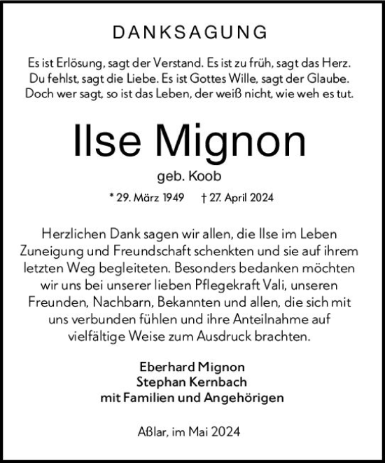Traueranzeige von Ilse Mignon von Wetzlarer Neue Zeitung