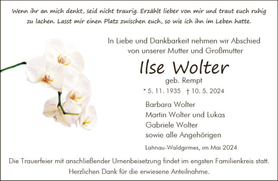 Traueranzeige von Ilse Wolter von Weilburger Tageblatt