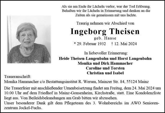 Traueranzeige von Ingeborg Theisen von Allgemeine Zeitung Mainz