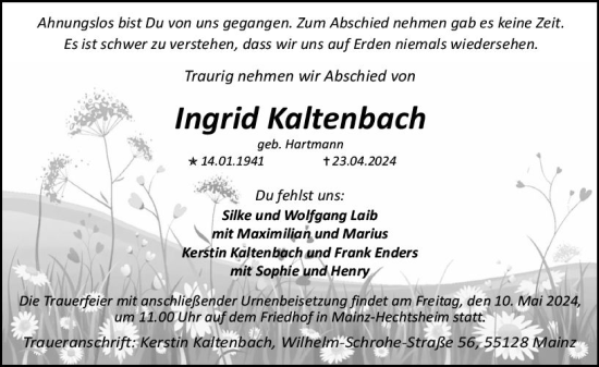 Traueranzeige von Ingrid Kaltenbach von Allgemeine Zeitung Mainz