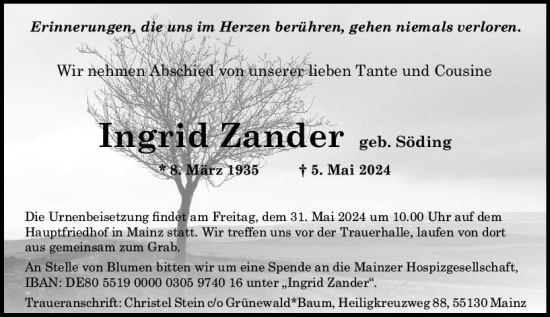 Traueranzeige von Ingrid Zander von Allgemeine Zeitung Mainz