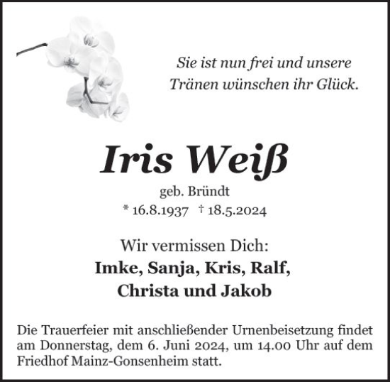 Traueranzeige von Iris Weiß von Allgemeine Zeitung Mainz