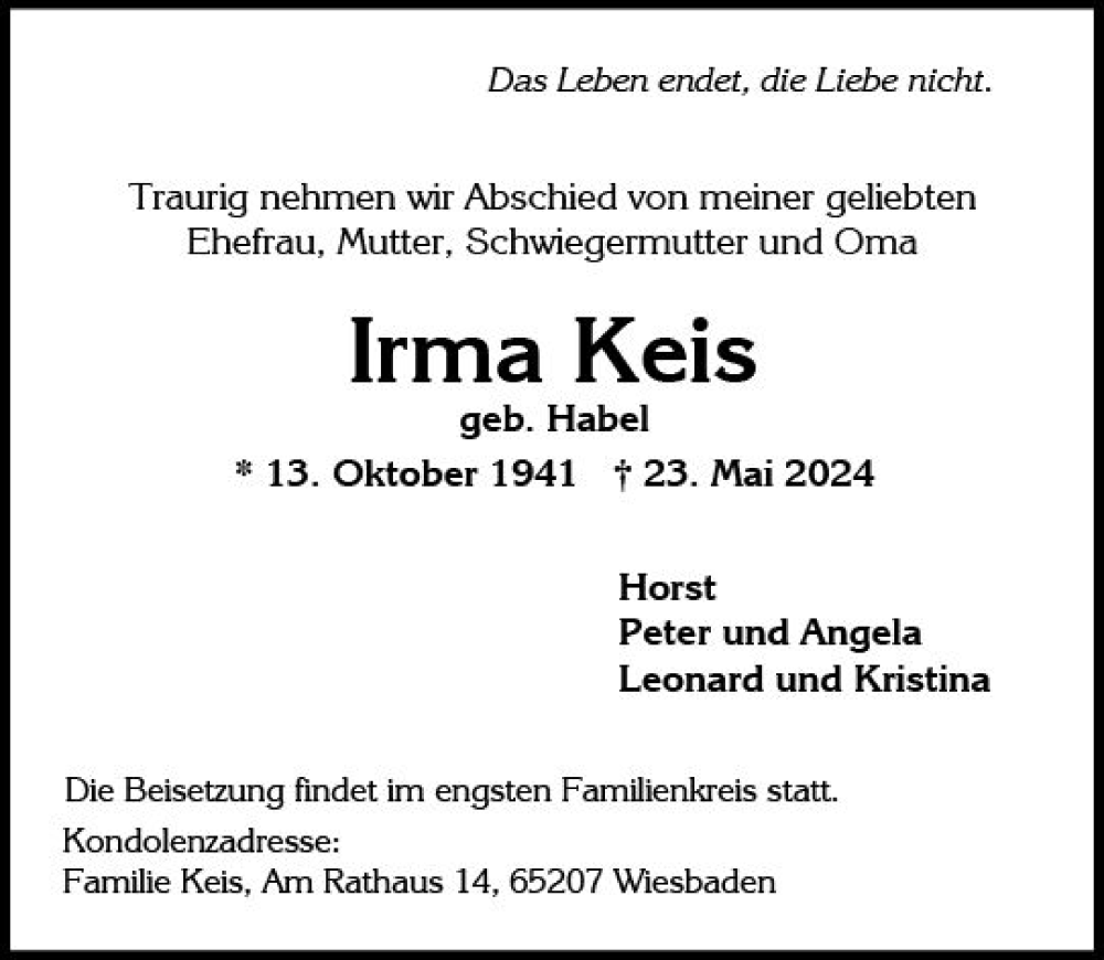  Traueranzeige für Irma Keis vom 01.06.2024 aus Wiesbadener Kurier
