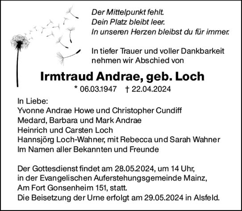  Traueranzeige für Irmtraud Andrae vom 18.05.2024 aus Allgemeine Zeitung Mainz