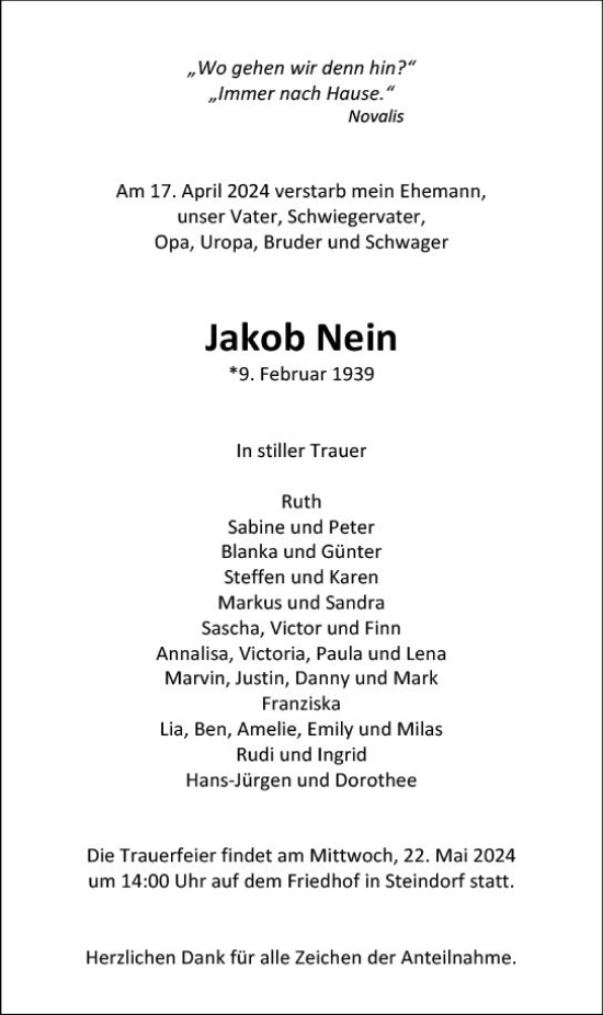 Traueranzeige von Jakob Nein von Wetzlarer Neue Zeitung
