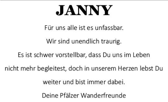 Traueranzeige von Janny  von Wetzlarer Neue Zeitung