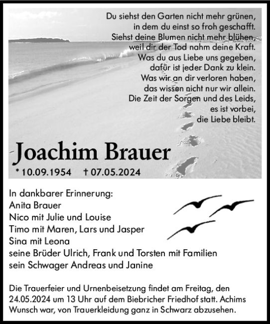 Traueranzeige von Joachim Brauer von Hochheimer Zeitung