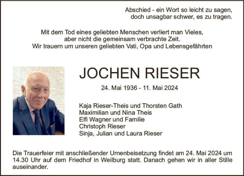  Traueranzeige für Jochen Rieser vom 18.05.2024 aus Weilburger Tageblatt