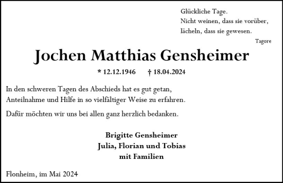 Traueranzeige von Jochen Matthias Gensheimer von Allgemeine Zeitung Alzey