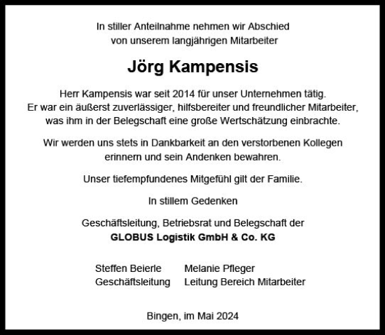 Traueranzeige von Jörg Kampensis von Allgemeine Zeitung Bingen/Ingelheim