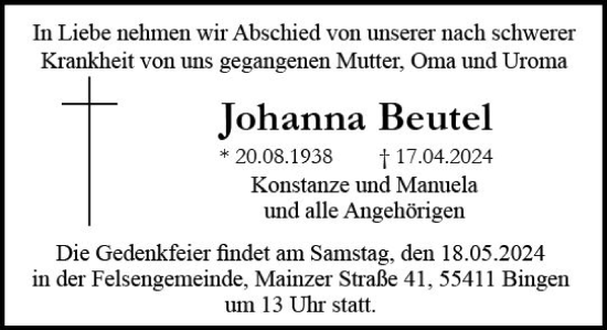 Traueranzeige von Johanna Beutel von Binger-/Ingelheimer Wochenblatt
