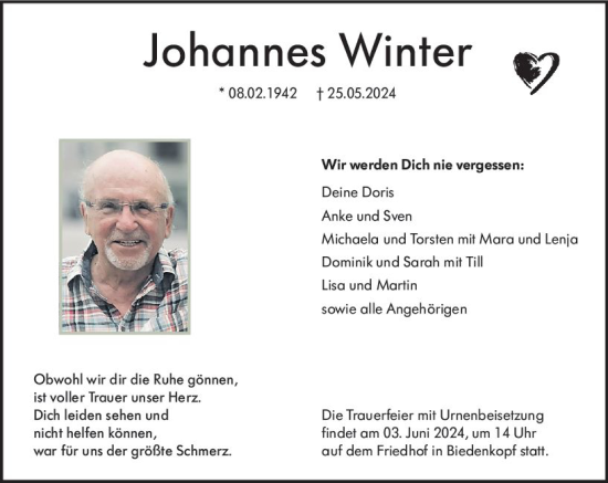 Traueranzeige von Johannes Winter von Hinterländer Anzeiger