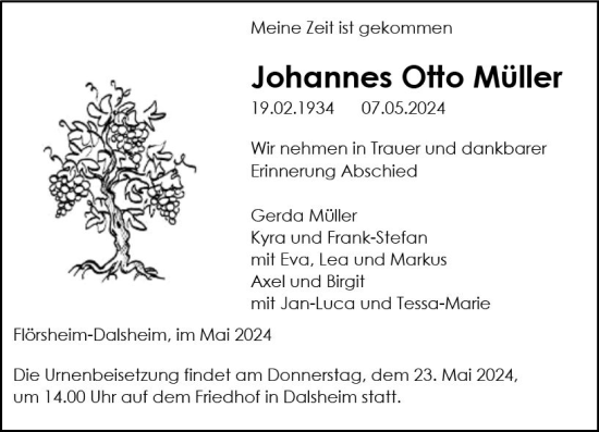 Traueranzeige von Johannes Otto Müller von Wormser Zeitung