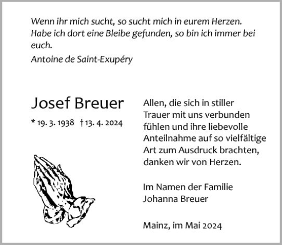 Traueranzeige von Josef Breuer von Allgemeine Zeitung Mainz