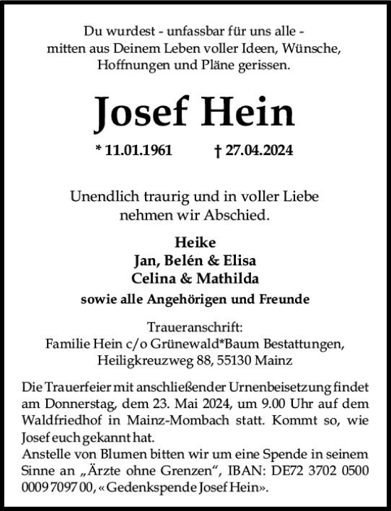 Traueranzeige von Josef Hein von Allgemeine Zeitung Mainz