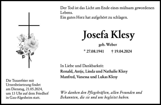 Traueranzeige von Josefa Klesy von Allgemeine Zeitung Bingen/Ingelheim