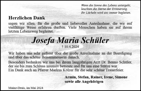 Traueranzeige von Josefa Maria Schüler von Allgemeine Zeitung Mainz