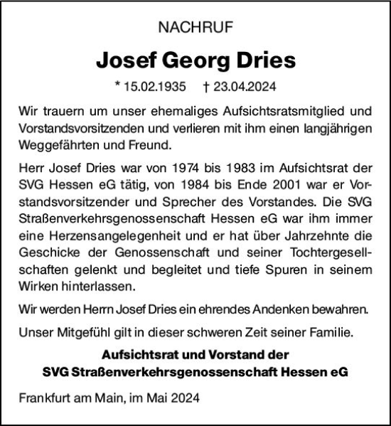 Traueranzeige von Josef Georg Dries von Rheingau Kurier