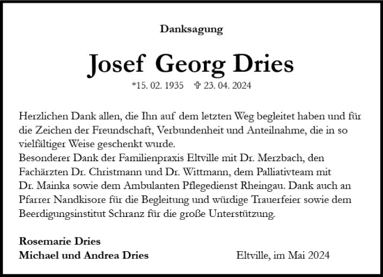 Traueranzeige von Josef Georg Dries von Rheingau Kurier
