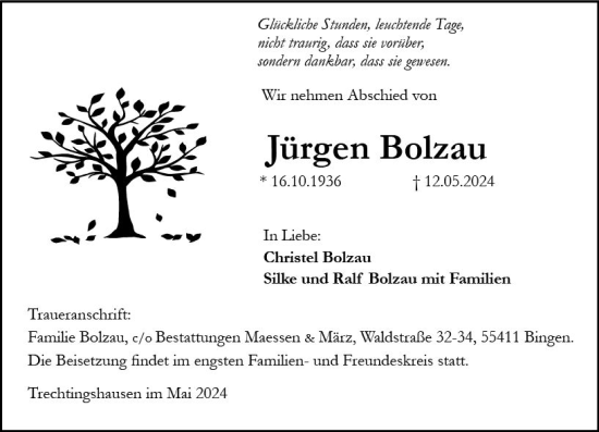 Traueranzeige von Jürgen Bolzau von Allgemeine Zeitung Bingen/Ingelheim