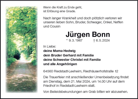Traueranzeige von Jürgen Bonn von Groß-Gerauer Echo